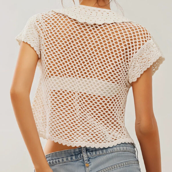 Knitted Cardigan Resort Style With A Turn-down Collar And Short Sleeves - Image 6