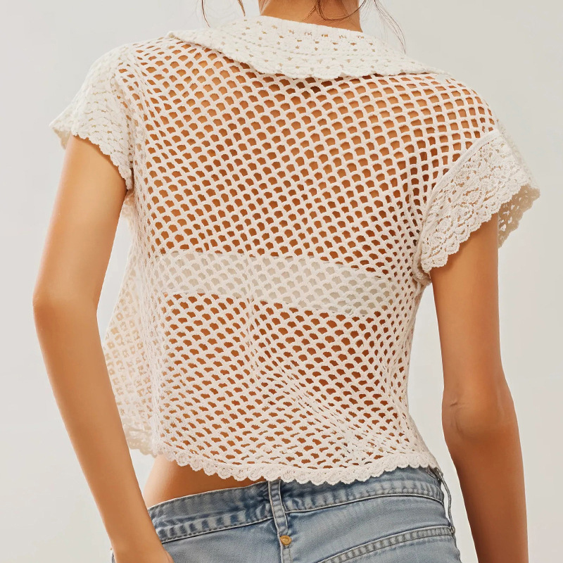 Knitted Cardigan Resort Style With A Turn-down Collar And Short Sleeves - Image 2