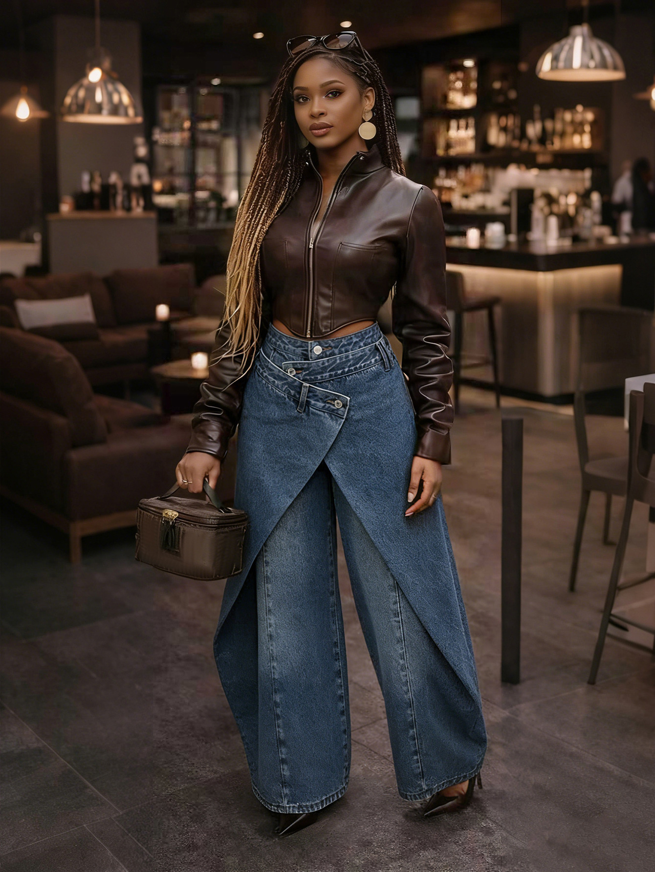 Retro High-waisted Cross-over Metal Buckle Irregular Wide-leg Pants - Image 1