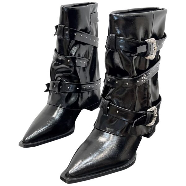 High-heeled Elegant Shaft-style Studded Belt-buckle Fashion Ankle Boots - Image 34