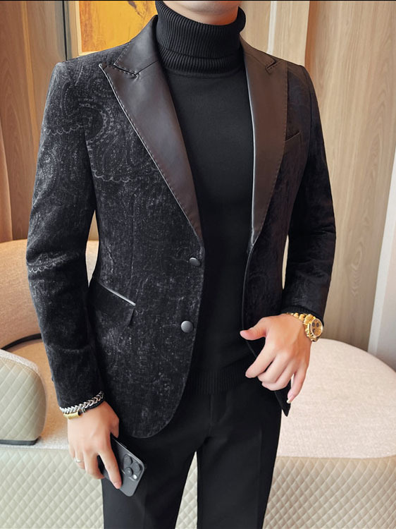 Jacquard Velvet Leather Lapel Men's Blazer - Image 11