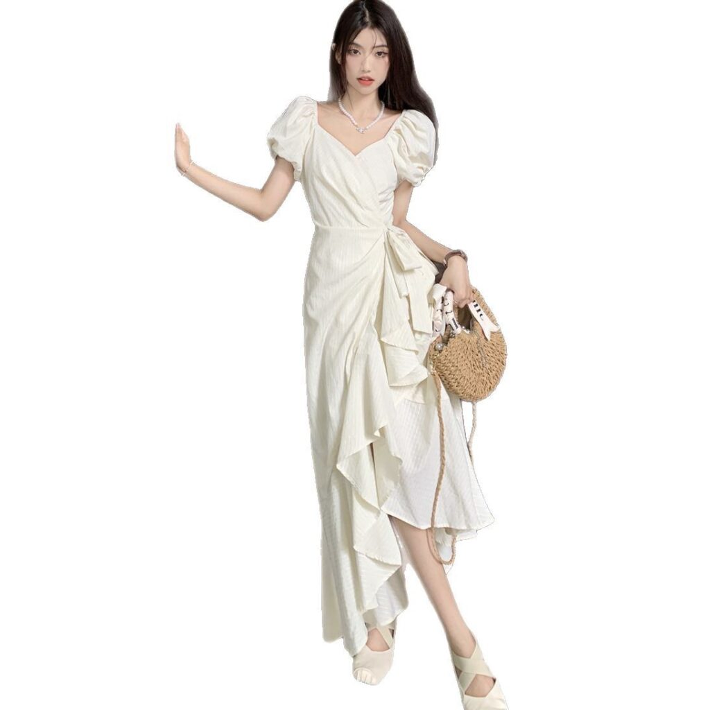 Women's White V Neck Lace Up Short Sleeve Dress