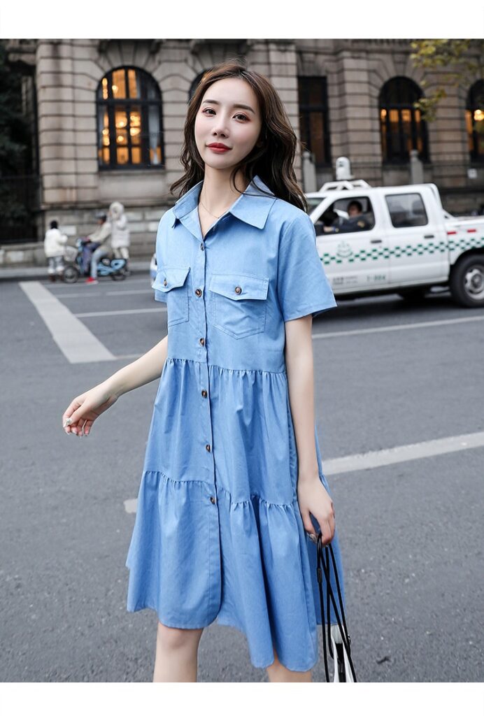 Single-breasted Pocketed Short-sleeve Denim Dress
