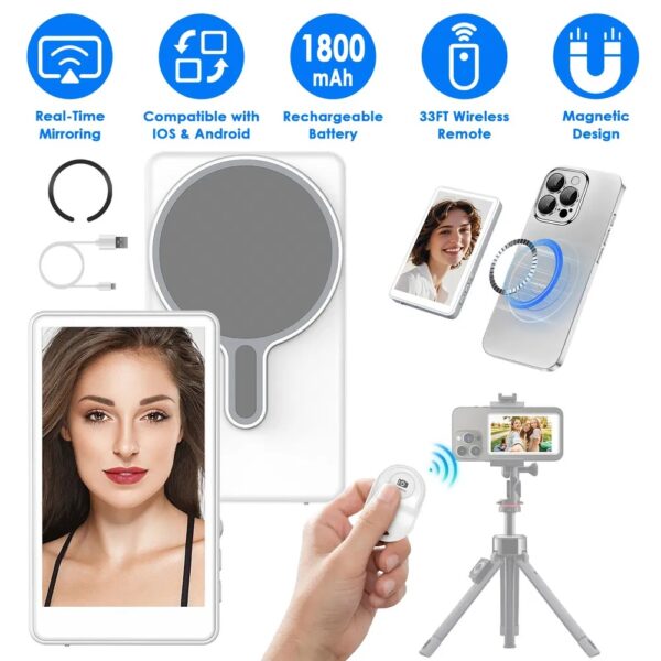 Vlog Selfie Monitor Screen Magnetic Rear Camera Phone Monitor Wireless Selfie Monitor Screen With 33FT Remote For Vlog Live Stream Compatible With IOS Android - Image 6