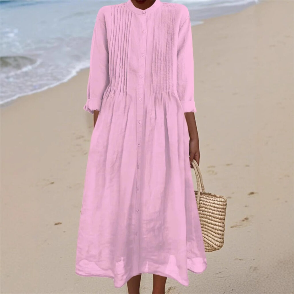 Long-sleeve Cotton-linen Womens Dress With A Shirt Collar