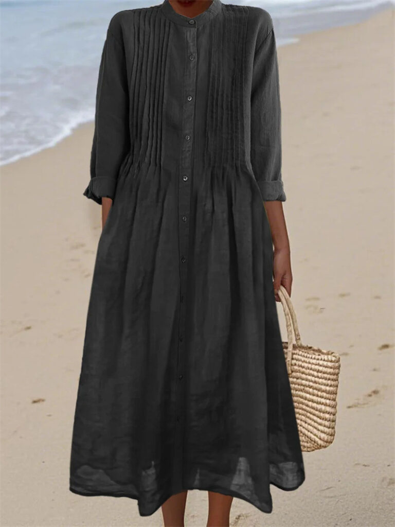 Long-sleeve Cotton-linen Womens Dress With A Shirt Collar