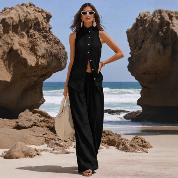 Front-button Cardigan Cotton Top And Pants Set - Image 2