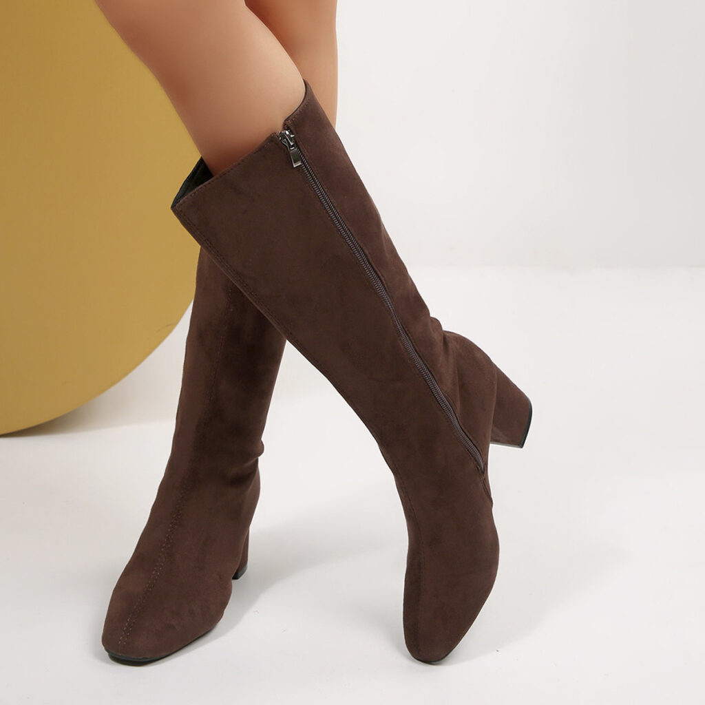 Fashionable Solid-Color Round-Toe Side-Zip Chunky-Heel Womens Over-the-Knee Boots