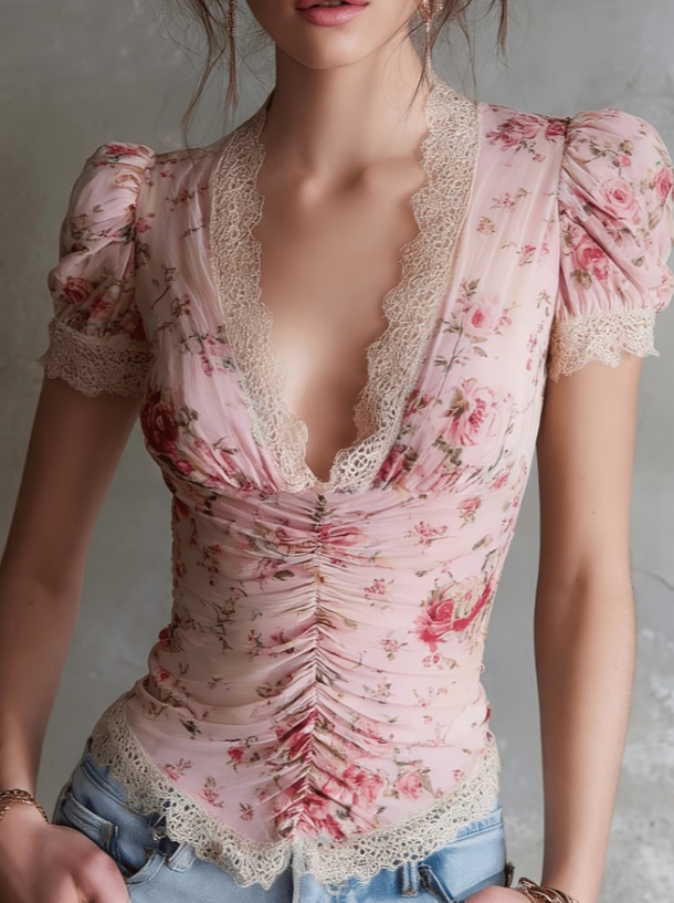 French Retro Style Lace Patchwork Printed Puff Sleeve Top For Women - Image 23