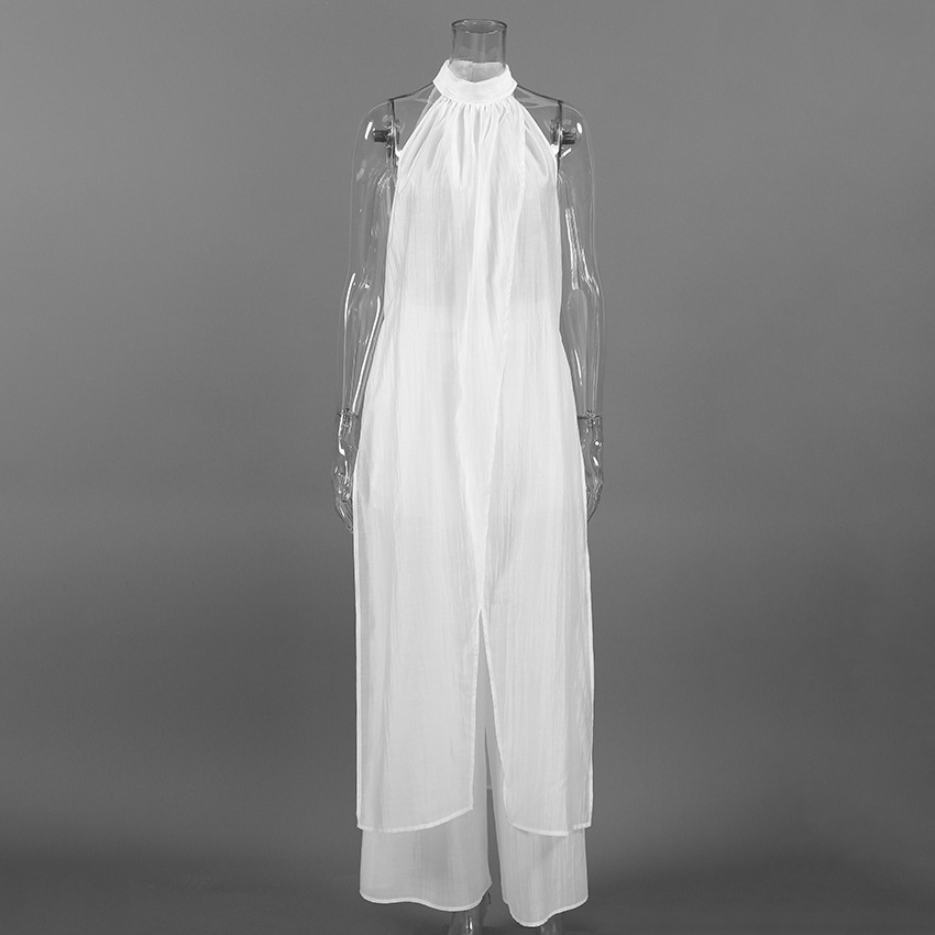 White Tencel Sleeveless Halter Neck Long Vest And Trousers Two-piece Set - Image 4
