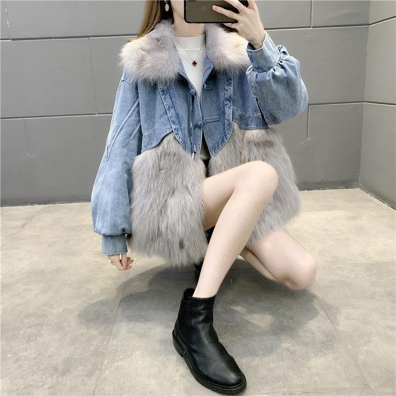 Denim Parka Womens Short Leather Faux Fox Fur Coat - Image 3