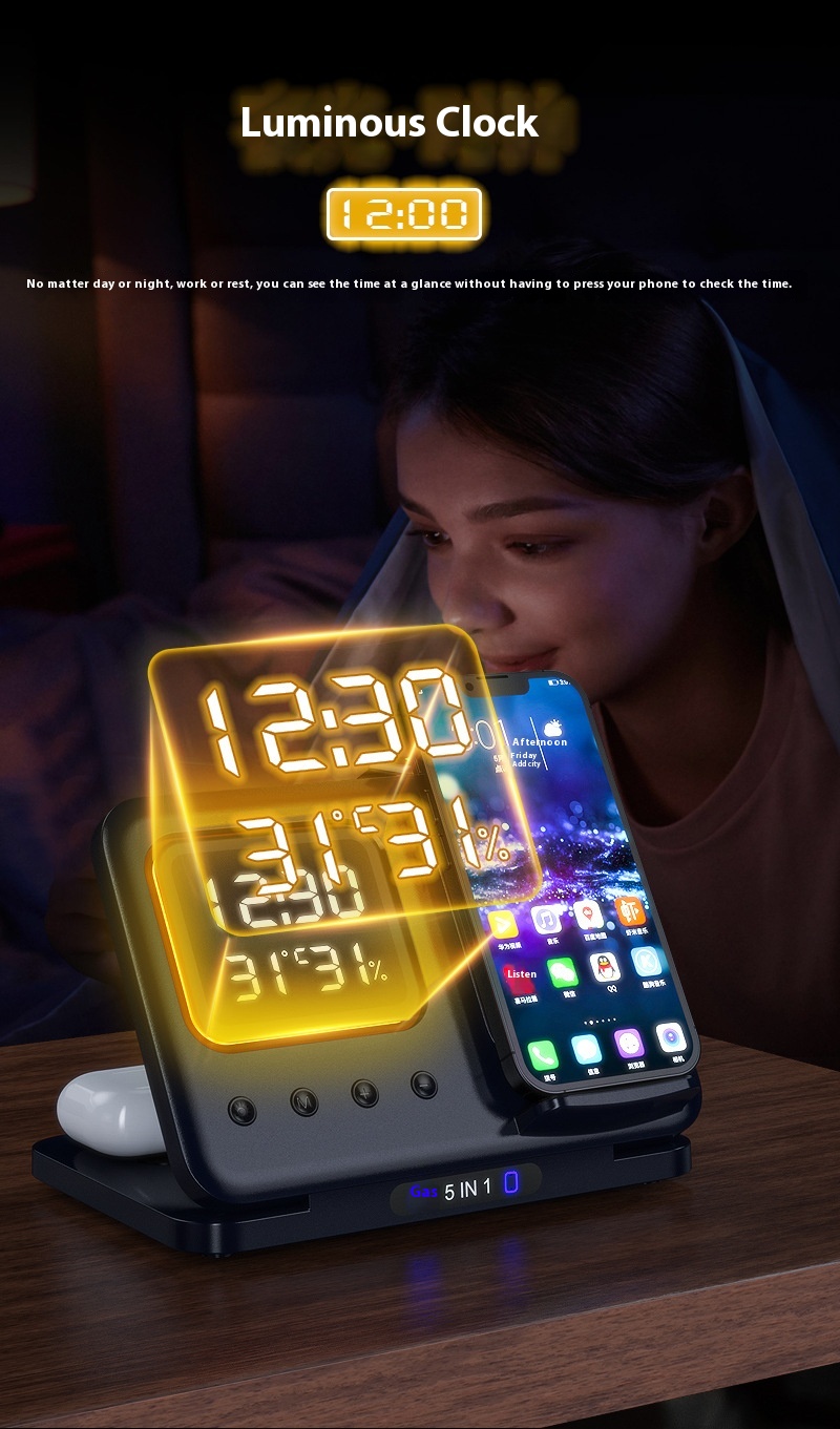 15W Wireless Chargers Stand 5 In1 LED Digital Alarm Clock Fast Charging Dock Station - Image 24