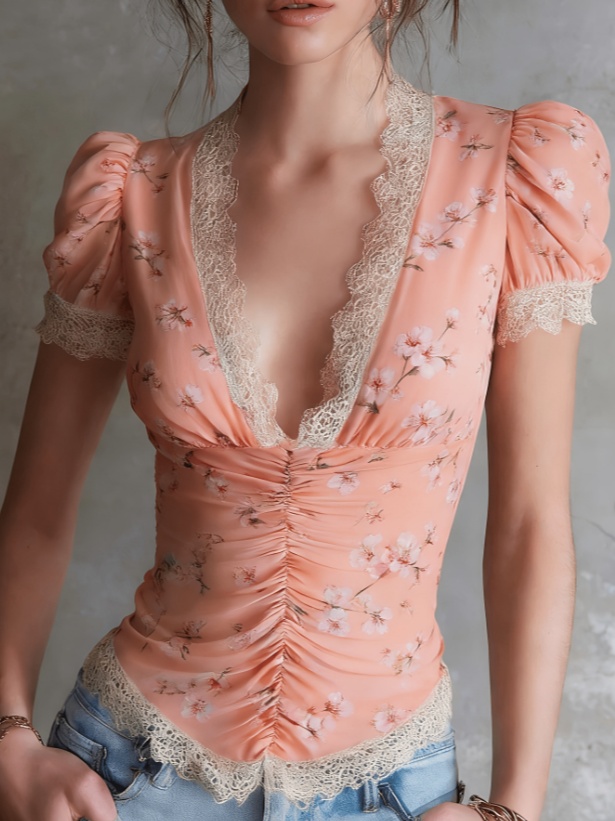 French Retro Style Lace Patchwork Printed Puff Sleeve Top For Women - Image 27