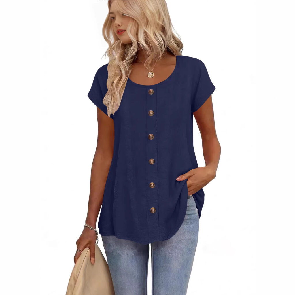 Decorative Girl Button Solid Color Short-Sleeve Crewneck T-Shirt Top