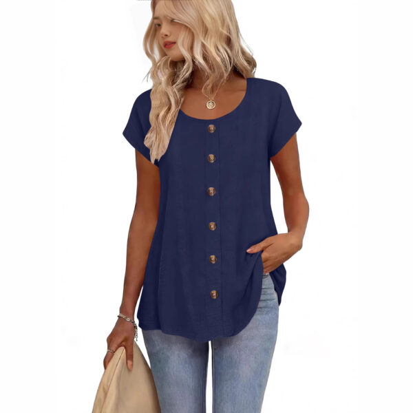 Decorative Girl Button Solid Color Short-Sleeve Crewneck T-Shirt Top - Image 5