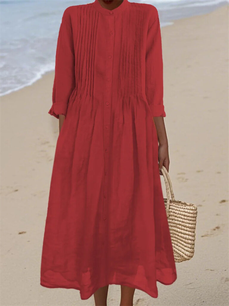 Long-sleeve Cotton-linen Womens Dress With A Shirt Collar