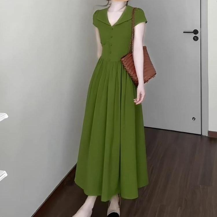 Womens Fashion Lapel Collar Retro Defined Waist Short-Sleeve Dress - Image 7