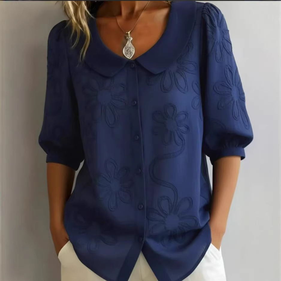 Loose-fit Retro Buttoned 3D Embroidered Floral Shirt - Image 2