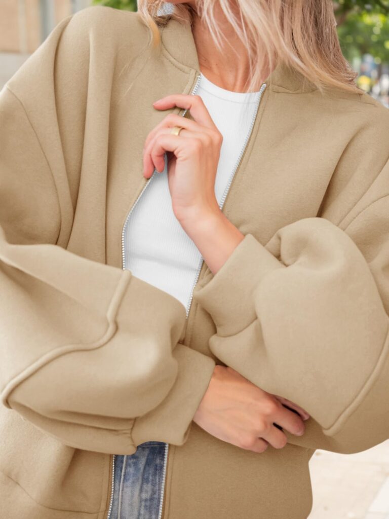 Fisoew Womens Zip Up Sweatshirt Casual Bomber Jacket Lantern Sleeve Oversized Jacket Fall Outfits 2025