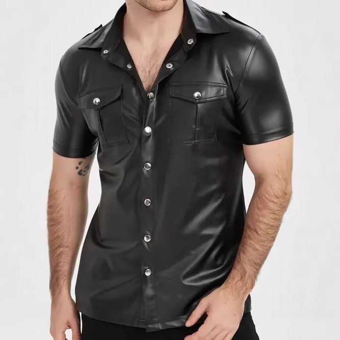 European And American-style Summer Casual Mens Patent Leather Tight-fitting Short-sleeve Top - Image 11
