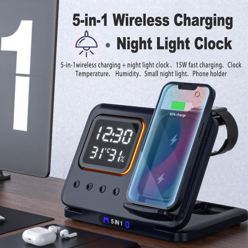 15W Wireless Chargers Stand 5 In1 LED Digital Alarm Clock Fast Charging Dock Station - Image 1