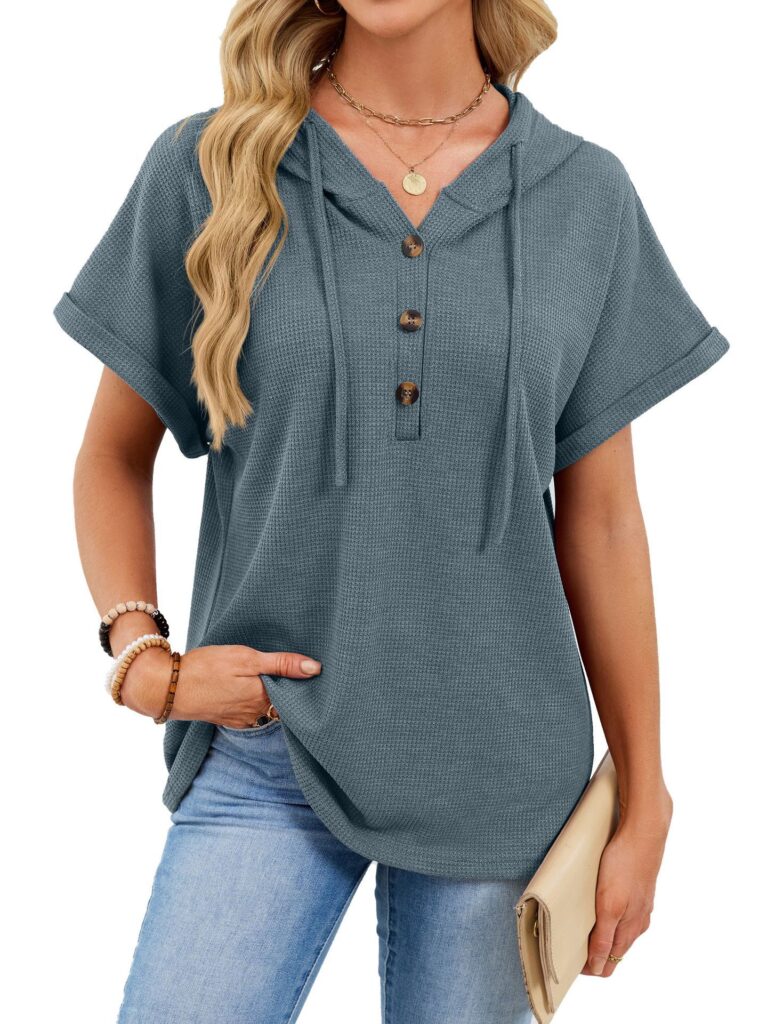 Womens Waffle-Weave Hooded Drawstring Short-Sleeve Top With Buttons