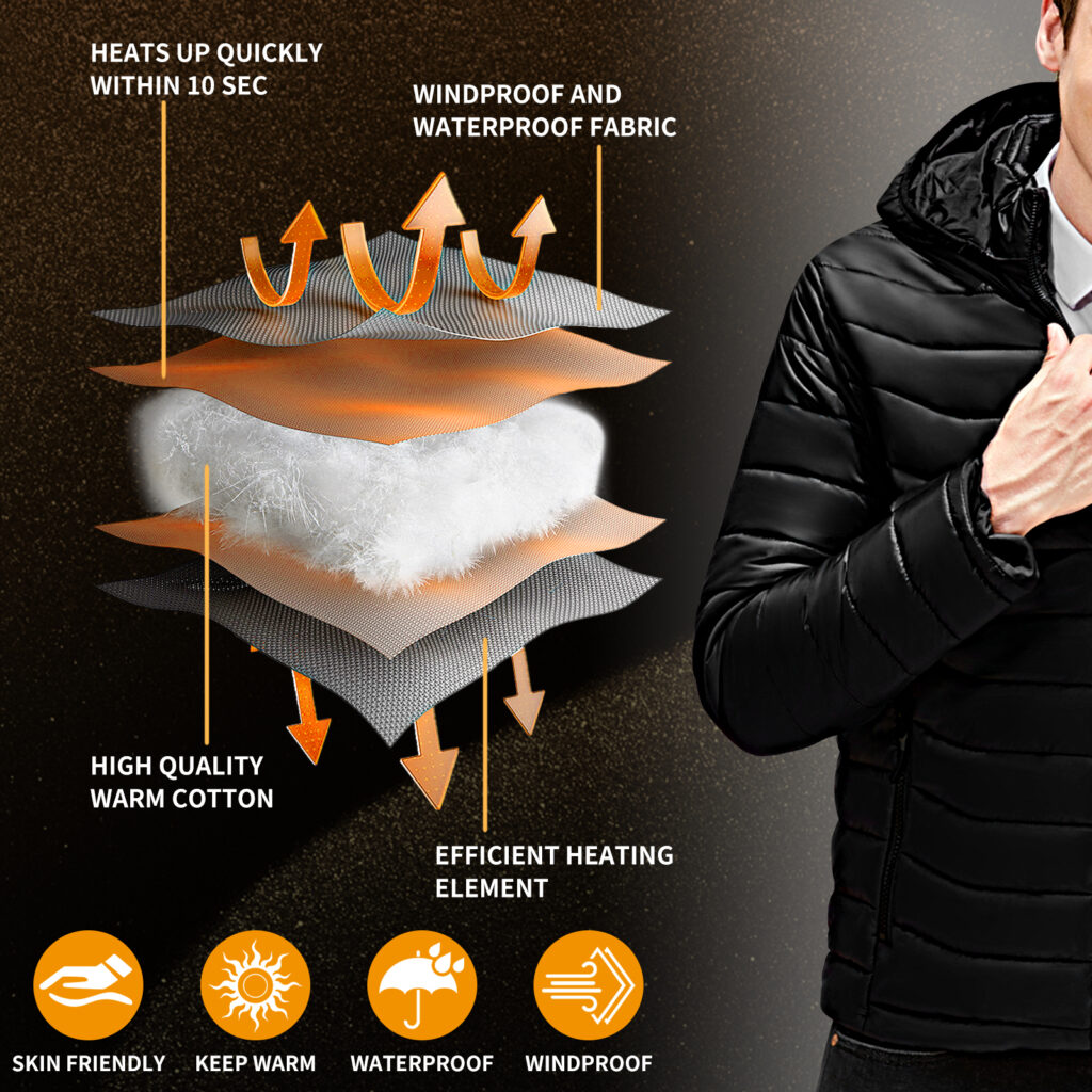 Men Heated Puffer Jacket Electric Heating Coat Insulated Hood Windbreaker 9Heat Zones
