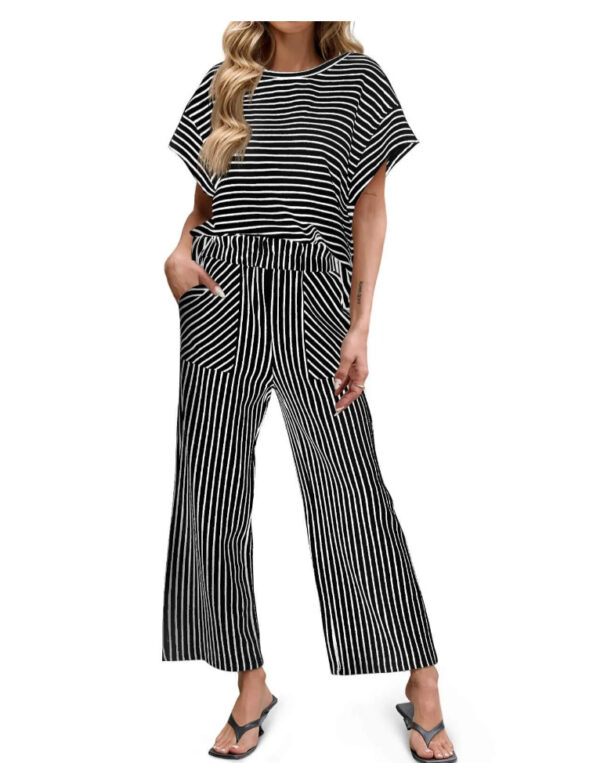 Womens Striped Short-Sleeve T-Shirt And Wide-Leg Pants Set With Pockets - Image 14