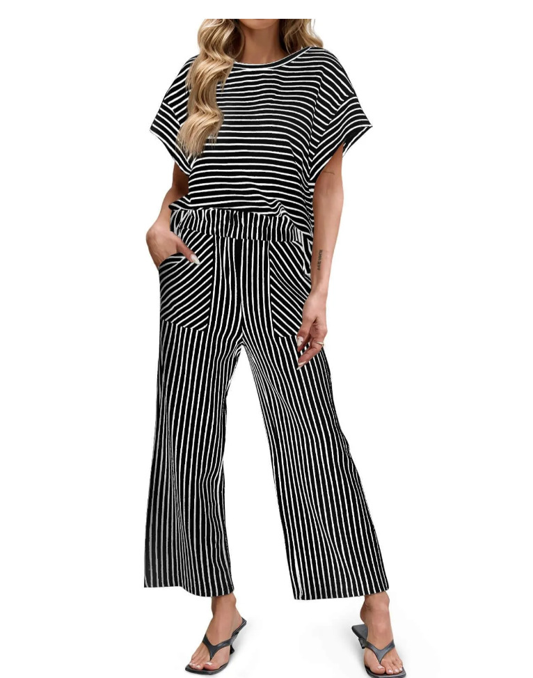 Womens Striped Short-Sleeve T-Shirt And Wide-Leg Pants Set With Pockets - Image 14