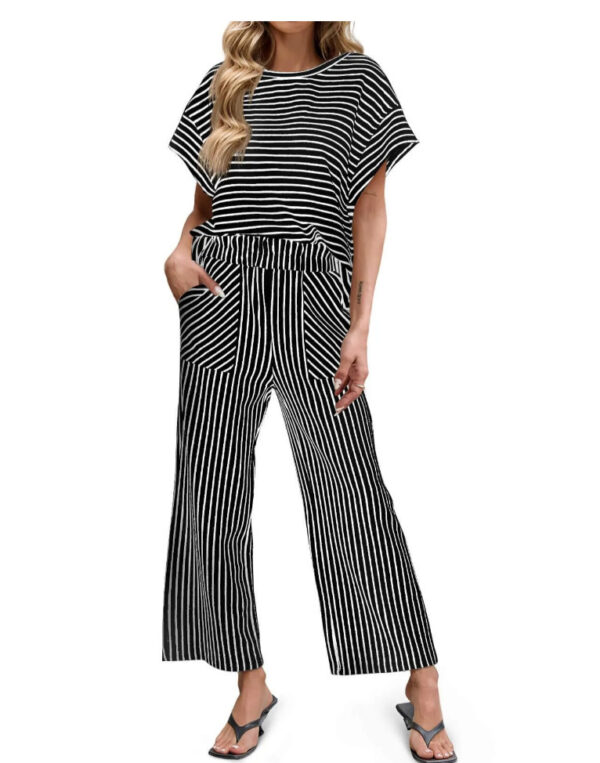 Womens Striped Short-Sleeve T-Shirt And Wide-Leg Pants Set With Pockets - Image 9