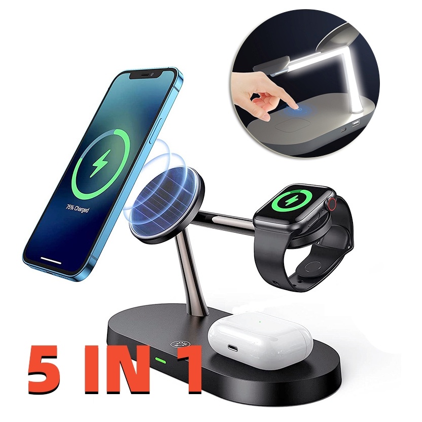 Multifunctional Five-In-One Magnetic Wireless Charging Watch Headset Desktop Mobile Phone Holder Charger 15W Fast Charge - Image 1