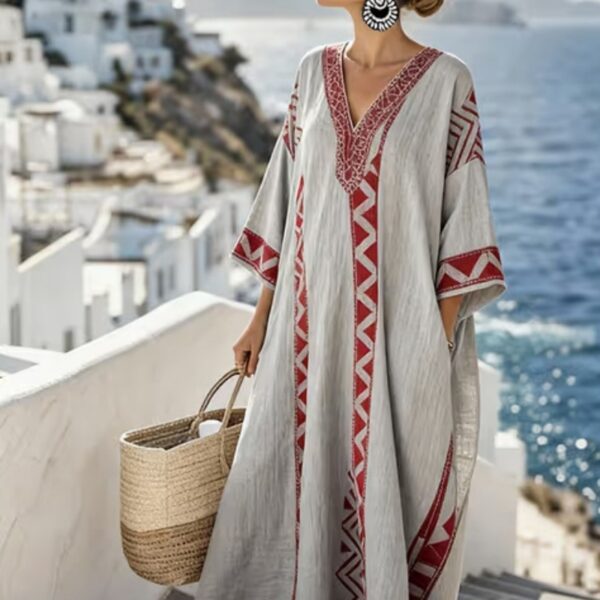 Female Digital Printed V-neck Five Quarter Sleeve Dress