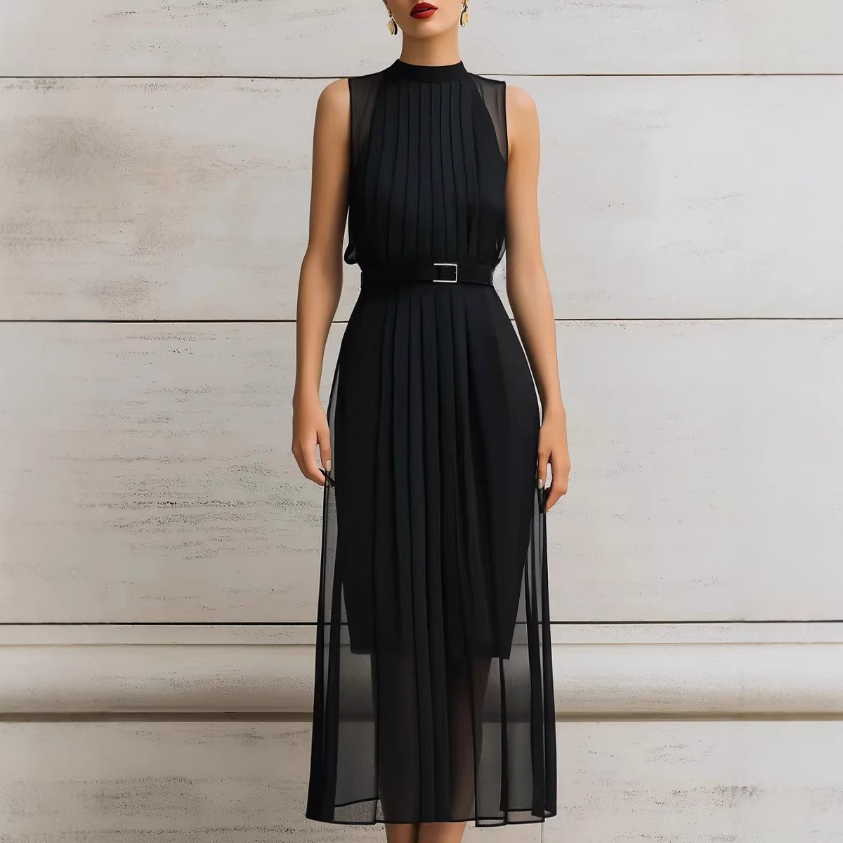 Womens Black Mesh-Panel High-Neck Sleeveless Dress - Image 1