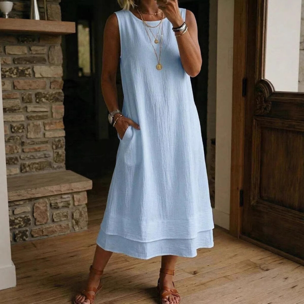 Women's Fashion Casual Cotton-Linen Crew-Neck Sleeveless Dress