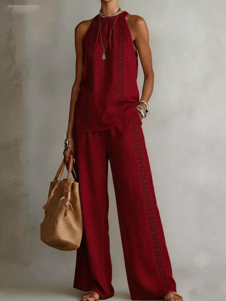 Womens Retro Lace Sleeveless Top And Wide-Leg Pants Two-Piece Set
