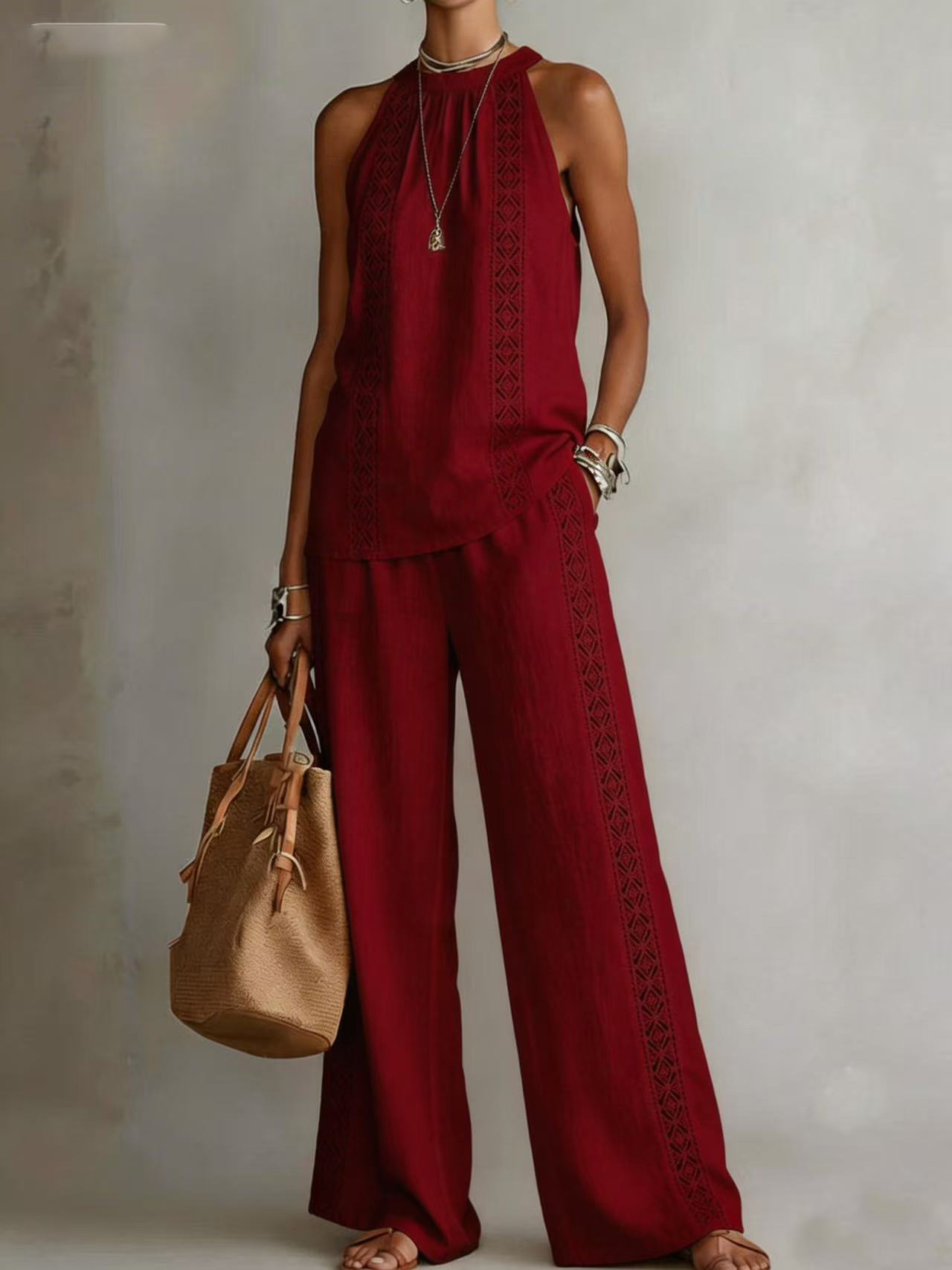 Womens Retro Lace Sleeveless Top And Wide-Leg Pants Two-Piece Set - Image 13
