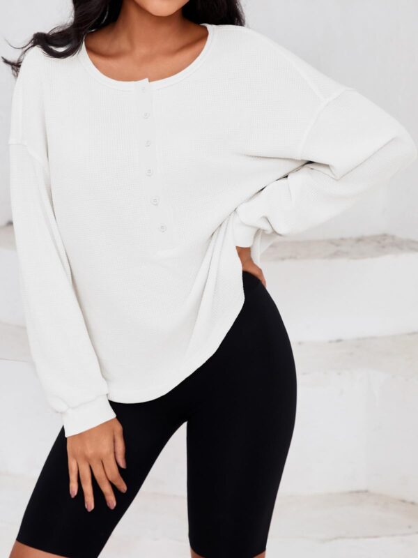 Fisoew Womens Cropped Sweatshirt Casual Waffle Knit Button V Neck Long Sleeve Loose Fit Fall Crop Tops - Image 36