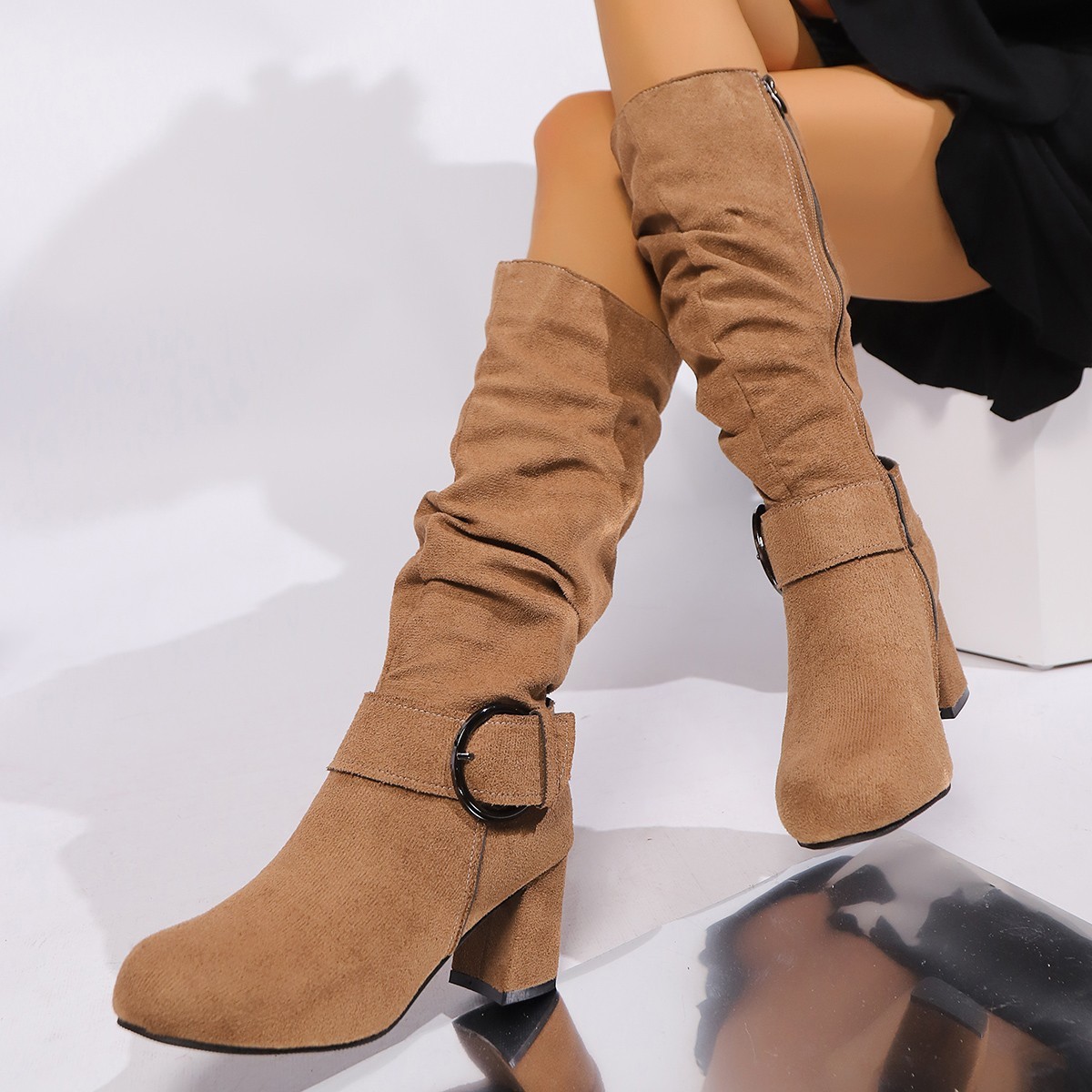 Suede High-heeled Chunky-heel Womens Boots With A Belt Buckle For Export - Image 7