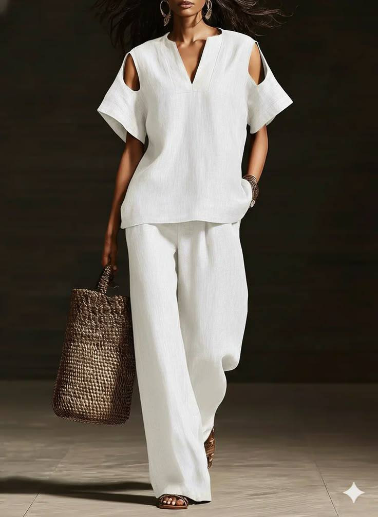 Womens Solid-Colored V-Neck Straight-Leg Pants Short-Sleeve Set With Ripped Details - Image 15