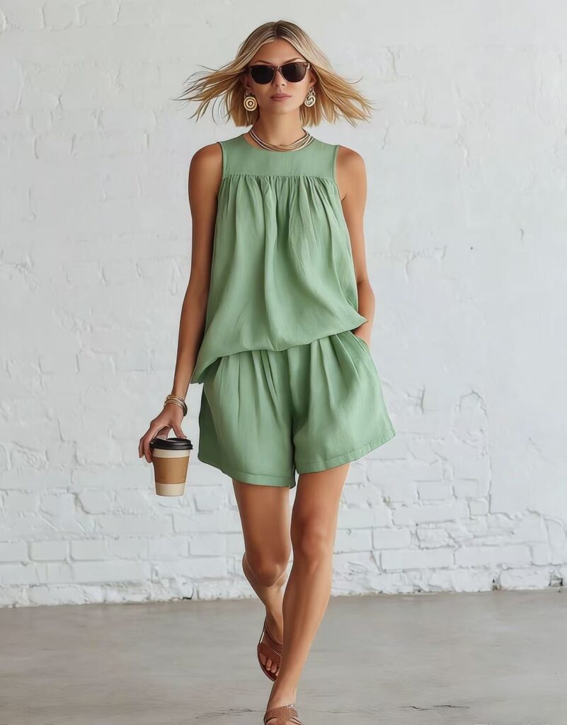 Womens Fashionable Retro Cotton-Linen Sleeveless Top And Wide-Leg Shorts Set