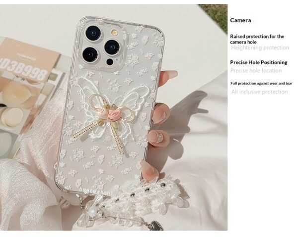 Aesthetic Embroidered Butterfly Flower Phone Case With A Transparent Lace Pendant - Image 13
