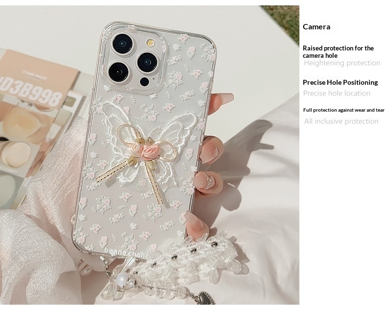 Aesthetic Embroidered Butterfly Flower Phone Case With A Transparent Lace Pendant - Image 13