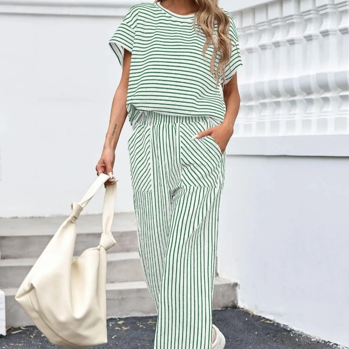 Womens Striped Short-Sleeve T-Shirt And Wide-Leg Pants Set With Pockets - Image 1