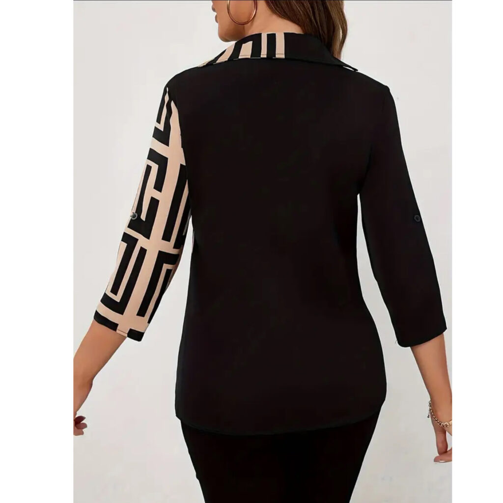 New European And American-style Casual Black V-neck Patchwork Fashion Shirt