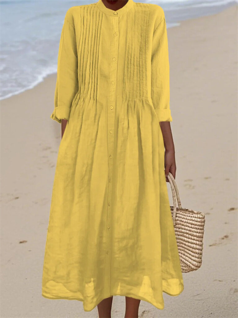 Long-sleeve Cotton-linen Womens Dress With A Shirt Collar