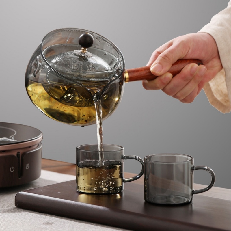 Semi-automatic Rotary Heat-resistant Glass Teapot Lazy Tea Making With Infuser And Wooden Handle Office Home Accessories Kitchen Gadgets - Image 1