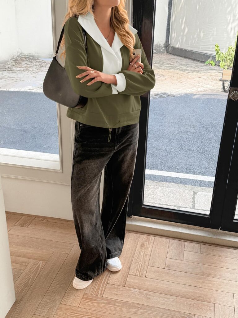 Fisoew Womens Cropped Oversized Sweatshirt Casual Lapel V Neck Long Sleeve Contrast Drawstring Loose Fit Fall Pullover Tops