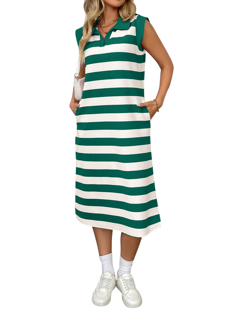 Striped Pocketed Lapel Sleeveless Maxi Dress