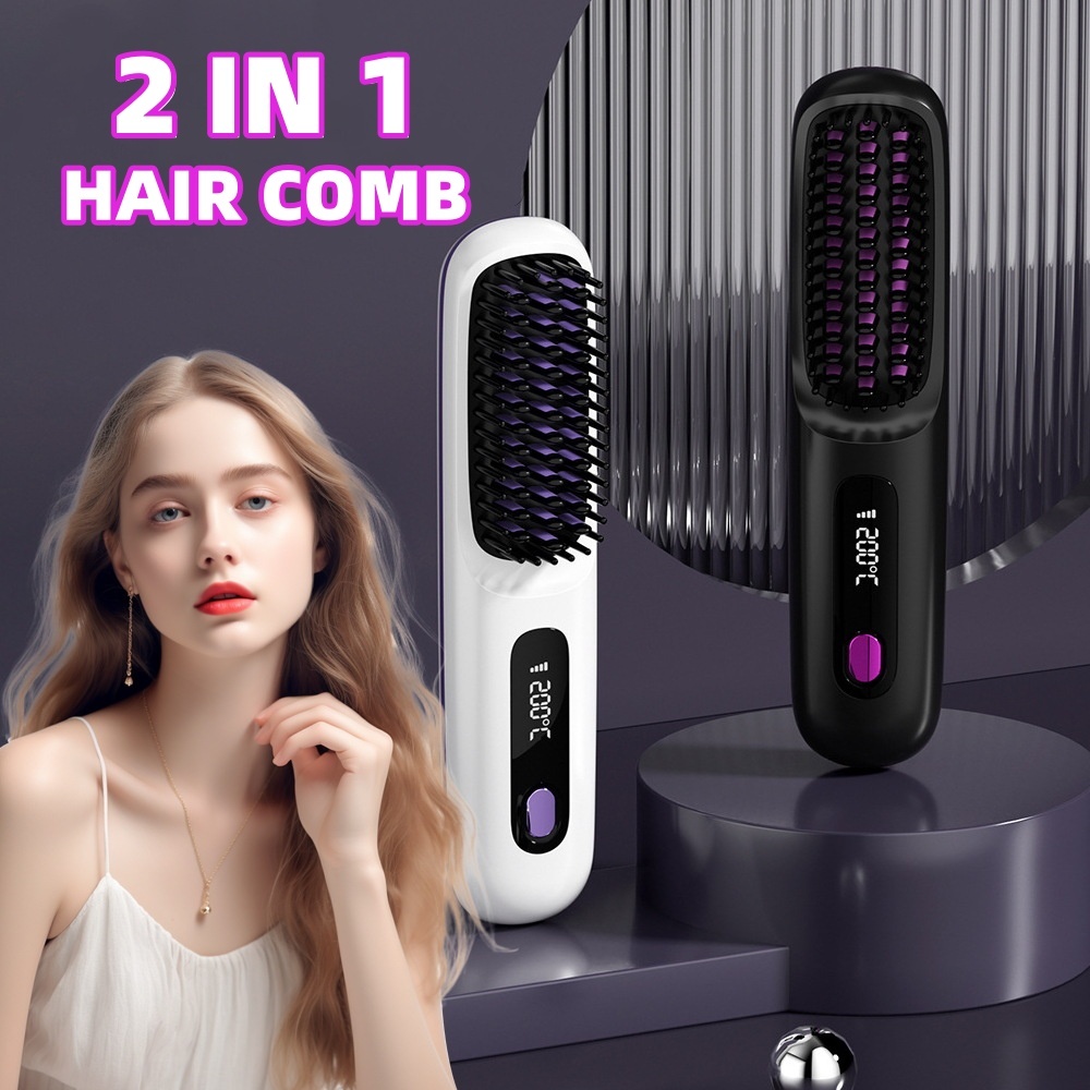 2 In 1 Straight Hair Comb Wireless Hair Straightener Brush Hair Fast Heating Portable Hot Curler USB Charging - Image 1