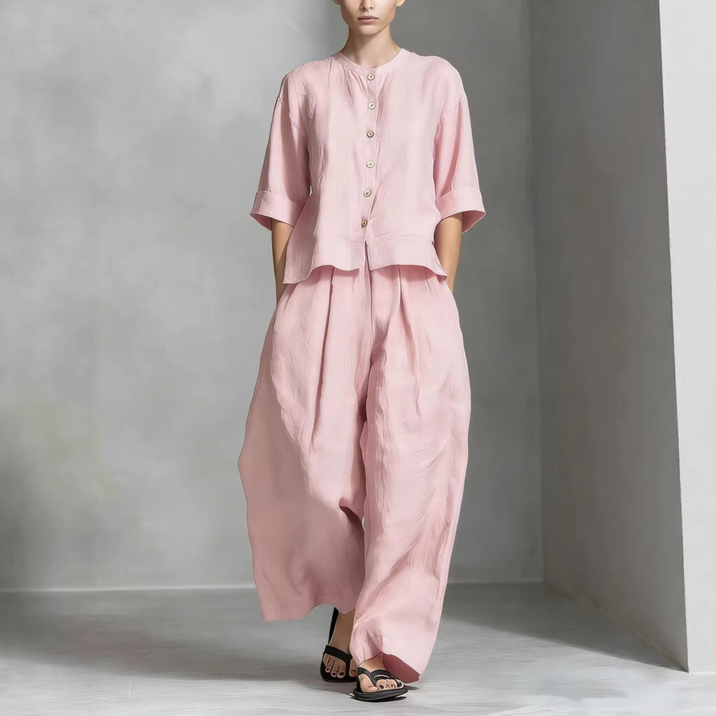 Solid-color Cotton-linen Shirt And Loose-fitting Trousers Two-piece Set